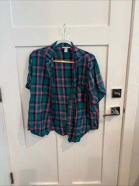 Victoria's Secret Teal and Pink Plaid Short-Sleeve Button-Up